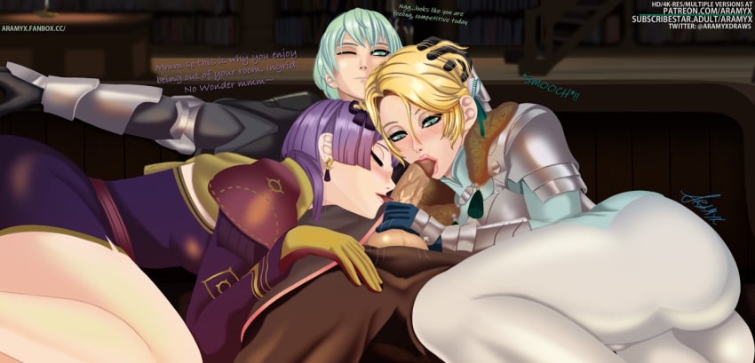 1boy 2girls aramyx ass bare_thighs bent_over bernadetta_von_varley big_ass blonde_hair breasts byleth_(fire_emblem) byleth_(fire_emblem)_(male) closed_eyes cock_worship collaborative_fellatio cooperative_fellatio dress earrings english_text fellatio female female_focus ffm_threesome fire_emblem fire_emblem:_three_houses gloves green_eyes green_hair group_sex hair_between_eyes hand_on_head indoors ingrid_brandl_galatea kissing_penis long_sleeves male medium_breasts multiple_girls nintendo oral pants penis purple_hair short_hair teamwork testicles text thighs threesome worship yellow_hair