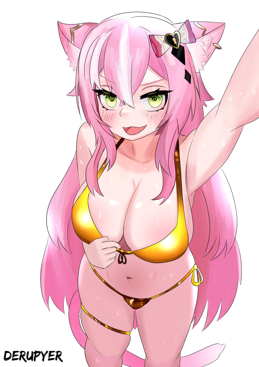 1girls 2d 2d_(artwork) alternate_costume animal_ears belly_button big_breasts bikini bikini_bottom bikini_top cat_ears cat_tail catgirl cleavage covered_nipples derupyer enya_yoruneko female female_focus female_only front_view golden_bikini golden_bikini_bottom golden_bikini_top green_eyes huge_breasts light-skinned_female light_skin long_hair looking_at_viewer navel pink_hair revealing_clothes revealing_swimsuit simple_background solo solo_female solo_focus standing swimsuit thong thong_bikini two_piece_swimsuit virtual_youtuber vtuber vtuberfanart white_background young younger_female