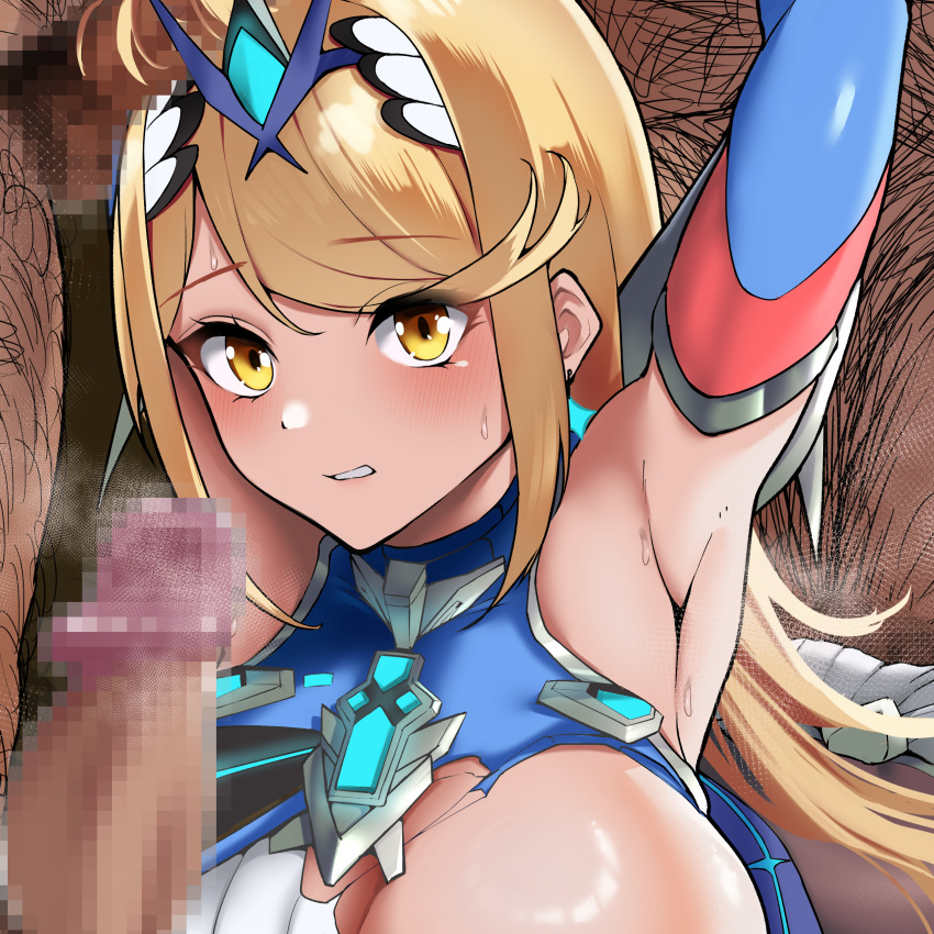 3boys absurdres alternate_color armpits arms_up blonde_hair blue_dress cheating_(relationship) circlet core_crystal core_crystal_(xenoblade) dress earrings erection female gangbang group_sex highres hijiri_kogome imminent_rape jewelry long_hair looking_at_viewer male_pubic_hair multiple_boys mythra netorare nintendo old old_man one_breast_out penis pubic_hair smell solo_focus super_smash_bros. super_smash_bros._ultimate swept_bangs torn_clothes torn_dress very_long_hair xenoblade_(series) xenoblade_chronicles_2 yellow_eyes