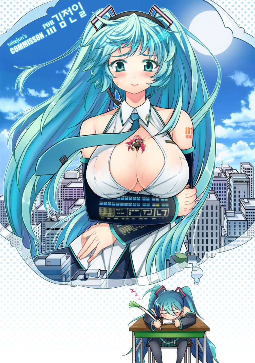 2d 2girls arm_tattoo bangs bare_shoulders big_breasts black_sleeves black_thighhighs blue_hair blue_necktie blush breasts city cleavage clothed collared_shirt color commission desk detached_sleeves dream dreaming drooling eyebrows_visible_through_hair eyes_visible_through_hair female female_only fully_clothed giantess green_eyes hatsune_miku huge_breasts leek light-skinned_female light_skin long_hair megurine_luka necktie nipples_visible_through_clothing no_bra open_shirt orange_tattoo person_between_breasts pink_hair pleated_skirt polka_dot_background see-through see-through_clothing shirt skirt sleeping sleeveless sleeveless_shirt takejun tattoo text thighhighs thought_bubble twintails vocaloid white_shirt zzz