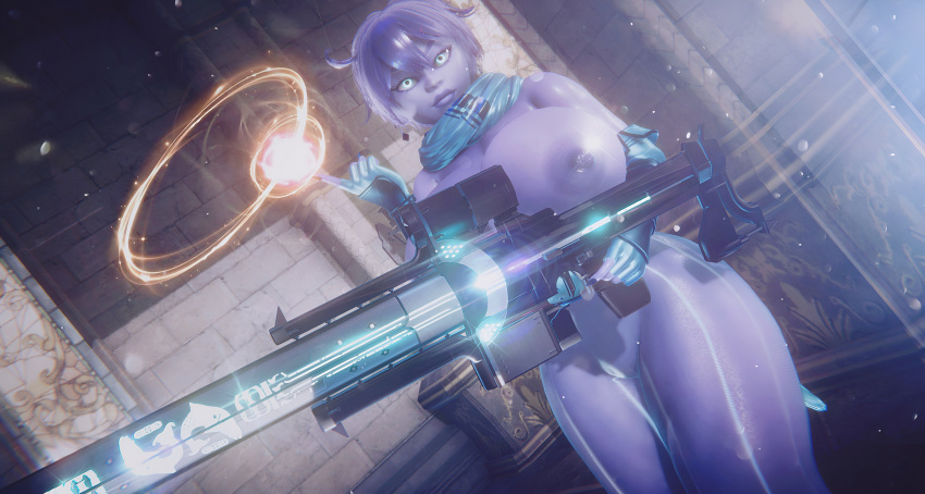 areolae awoken blue_eyes breasts breasts_bigger_than_head bungie destiny_(game) destiny_2 female female_only firearm guardian_(destiny) gun holding_weapon huge_breasts hunter_(destiny) izanagi's_burden large_areolae large_breasts nipples purple_body purple_hair purple_skin ranged_weapon sniper sniper_rifle solo solo_female sonicfreak thick thick_thighs topless topless_female weapon