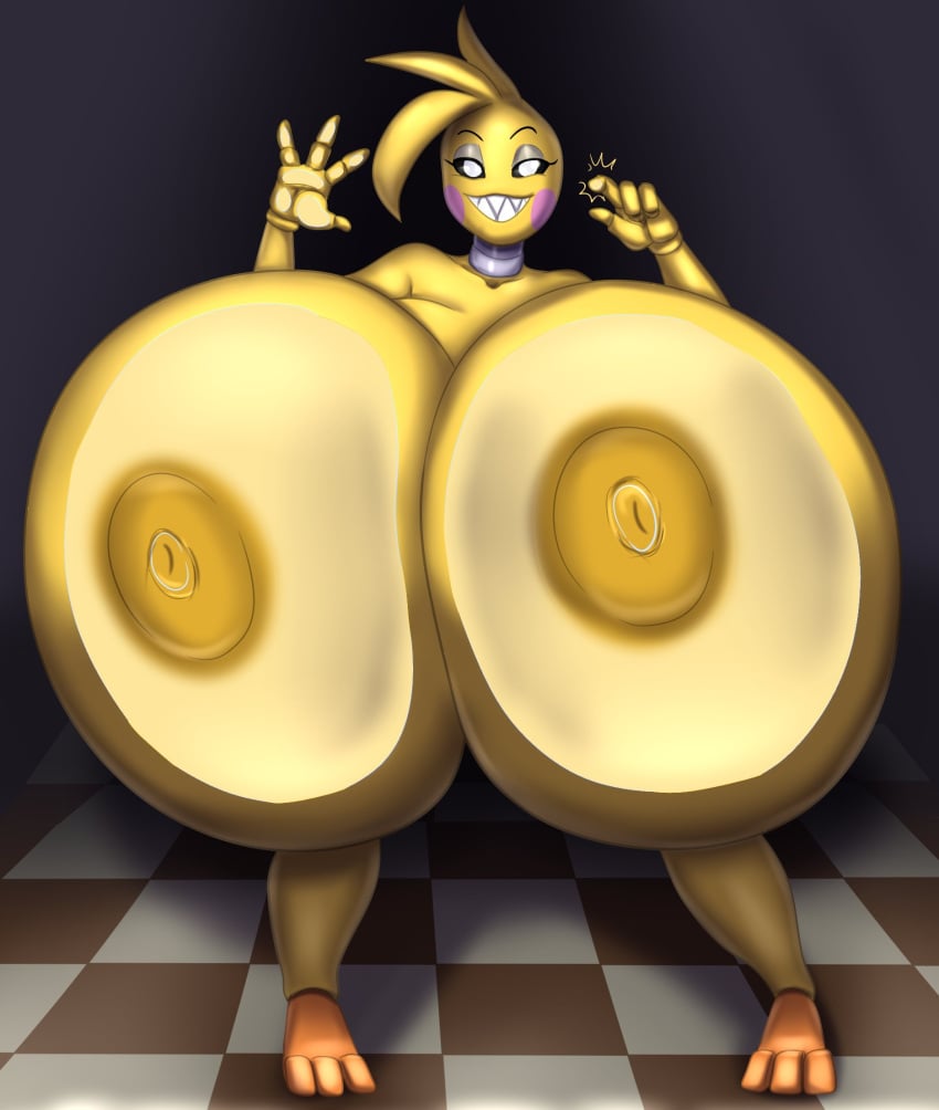 animatronic blues64 breasts breasts_against_glass breasts_against_screen breasts_bigger_than_head casual_nudity chicken female female_only five_nights_at_freddy's five_nights_at_freddy's_2 hyper hyper_breasts marauder6272 nude robot robot_girl scottgames teasing toy_chica_(fnaf) yellow_skin