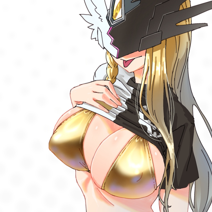 1girls big_breasts bikini blonde_hair bra digimon digimon_(species) gerusyu golden_bikini lifted_shirt long_hair mask masked masked_female mastemon nipples_visible_through_clothing shiny_skin simple_background taller_female tongue_out tongue_sticking_out white_background yellow_bikini