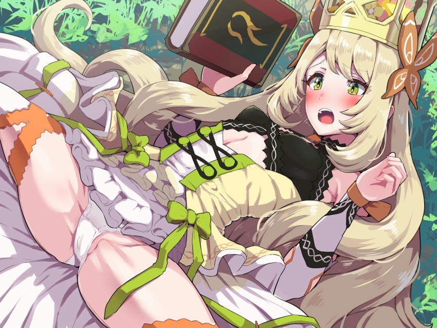 1girls blonde_hair blush book boris_(noborhys) breasts butterfly_hair_ornament celine_(fire_emblem) crown female female_only fire_emblem fire_emblem_engage green_eyes hair_ornament highres holding holding_book long_hair nintendo open_mouth outdoors panties sitting small_breasts solo spread_legs teeth thighhighs thighs underwear upper_teeth_only very_long_hair white_panties