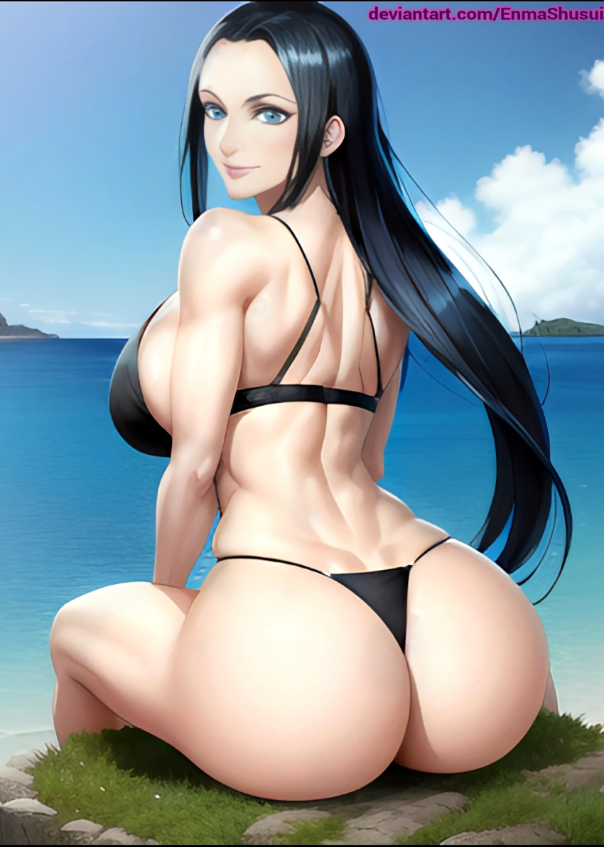 1girl 1girls ai_generated amazon amazonian anime anime_style ass ass_focus athletic athletic_female back_view backboob backside beach big_ass big_butt bikini bikini_bottom black_bikini black_bra black_hair black_panties black_thong blue_eyes bubble_butt clouds enmashusui female female_only fit fit_female huge_ass huge_butt inviting inviting_to_sex island light-skinned_female light_skin looking_at_viewer looking_back looking_back_at_viewer milf nico_robin ocean one_piece pinup post-timeskip rear_view rock seaside sideboob sitting sitting_down sitting_on_floor sitting_on_object sky smile smiling smiling_at_viewer thick thick_ass thighs thong thong_bikini toned toned_female two_piece_swimsuit viewed_from_behind