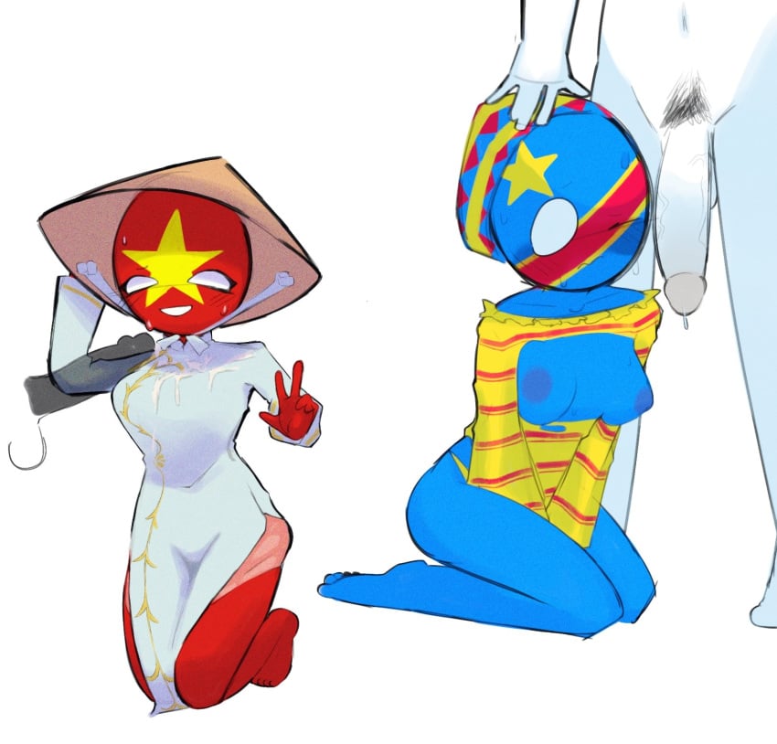 2boys 2girls african belly_button blue_body breasts breasts_out clothed clothed_sex clothing countryhumans countryhumans_girl cum cum_drip cum_on_body cum_on_breasts cum_on_clothes cum_on_upper_body democratic_republic_of_the_congo_(countryhumans) dress female female_focus gray_penis gray_skin half-dressed half_naked hat holding holding_head kneeling kneeling_female no_pants panties peace_sign pink_panties precum precum_drip pubic_hair red_body shirt sitting sleepserumm star_(symbol) sweat sweating vietnam vietnam_(countryhumans) vietnamese_flag white_body white_clothing white_dress worried yellow_clothing yellow_panties yellow_shirt