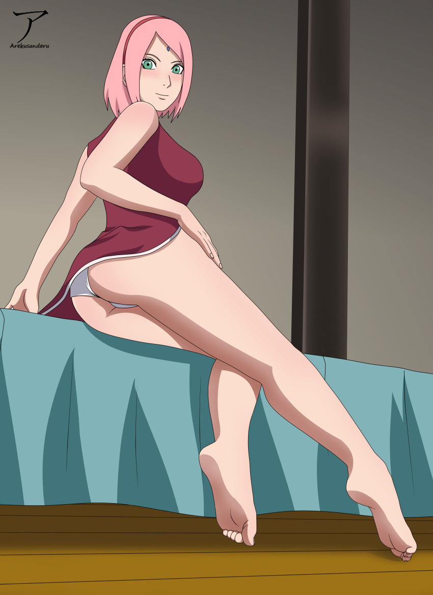 1girls arekusanderu ass barefoot bed blush boruto:_naruto_next_generations bottomless breasts clothing dress facial_mark feet female female_only forehead_mark green_eyes hairband looking_at_viewer naruto naruto_(series) on_bed panties partially_clothed pink_hair sakura_haruno sideboob sitting sleeveless sleeveless_dress smile soles solo toes