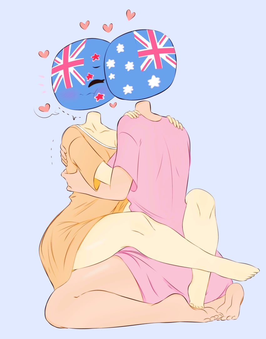 2girls anthro australia_(countryhumans) big_breasts blush bottomless breast_size_difference breasts clothed clothing countryhumans countryhumans_girl duo female female_only flawsy humanoid incest kissing kneeling light-skinned_female light_skin mostly_clothed new_zealand_(countryhumans) pale_skin sitting size_difference straddling tan thick_thighs wholesome wide_hips yuri