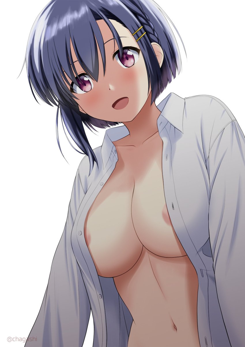 1girls areola_slip areolae bangs blush bokutachi_no_remake braid breasts cleavage collarbone collared_shirt dark_blue_hair dress_shirt female female_focus from_below hair_between_eyes hair_ornament hairclip highres large_breasts linea_alba long_sleeves looking_at_viewer medium_hair naked_shirt navel no_bra open_clothes open_shirt petite purple_eyes satou_chagashi shino_aki shirt side_braid simple_background smile solo unbuttoned unbuttoned_shirt upper_body white_background white_shirt