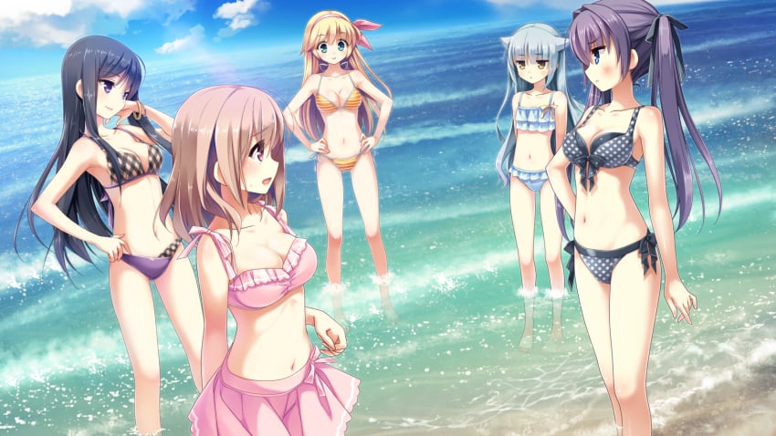 5girls bangs beach bikini bikini_skirt black_hair black_ribbon blonde_hair blue_bikini blue_eyes bow bow_hairband bracelet breasts brown_eyes brown_hair cleavage collarbone day eyebrows_visible_through_hair floating_hair frilled_bikini frills front-tie_bikini front-tie_top game_cg grey_bikini hair_ribbon hairband hairbow halterneck hands_on_hips highres jewelry kanekiyo_miwa kurano_kun_chi_no_futago_jijou long_hair mamiya_moeri mamiya_nekoto mamiya_tamane mamiya_yakumo medium_breasts mismatched_bikini multiple_girls navel ocean official_art outdoors pink_bikini pink_bow pink_hairband pink_skirt plaid plaid_bikini pleated_skirt polka_dot polka_dot_bikini purple_eyes purple_hair ribbon shijouin_ririka shiny shiny_hair side-tie_bikini silver_hair skirt straight_hair striped striped_bikini summer swimsuit twintails wading yellow_bikini