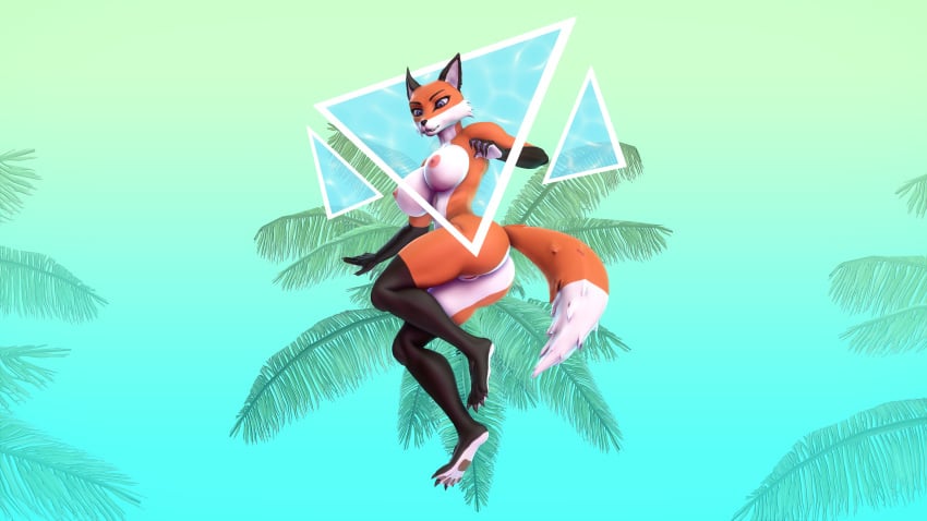 16:9 2020 3d_(artwork) 4_toes 5_fingers absurd_res alice_(gold97fox) anthro black_body black_fur blue_eyes breasts canid canine cheek_tuft claws digital_media_(artwork) facial_tuft feet female fingers floating fox fur genitals gold97fox hi_res looking_down lowered_tail mammal nipples orange_body orange_fur palm_tree photoshop plant pussy red_fox simple_background solo source_filmmaker toes tree tuft water white_body white_fur widescreen