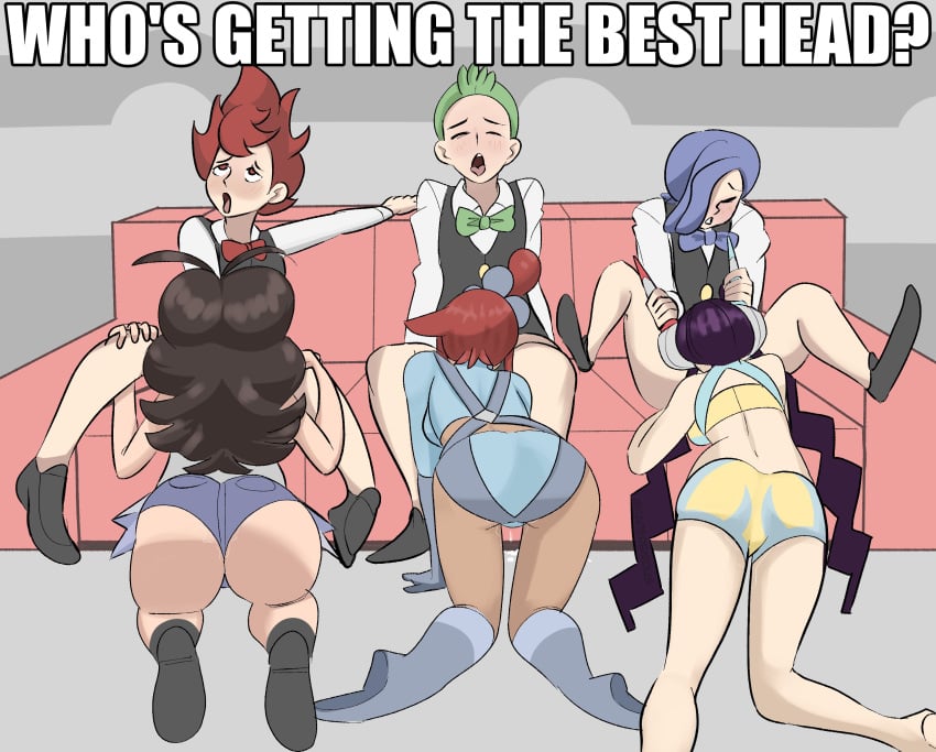 2020s 2021 3boys 3girls ambiguous_oral ass bent_over big_ass big_butt black_footwear blowjob blue_bottomwear blue_bowtie blue_hair bowtie brown_hair chili_(pokemon) cilan_(pokemon) cress_(pokemon) daisy_dukes dark-skinned_female denim_shorts elesa_(pokemon) elesa_(pokemon_bw2) exposed_pockets fellatio female female_ejaculation female_orgasm footwear green_bowtie green_hair gym_leader hands_free_ejaculation handwear harness headphones hilda_(pokemon) human implied_fellatio implied_oral kneepits leaning_forward long_hair manga meme multiple_boys multiple_girls nintendo on_knees oral paperbirdus pokemon pokemon_bw pokemon_bw2 purple_hair pussy_juice rear_view red_bowtie red_eyes red_hair short_hair shorts skyla_(pokemon) straight text thighs twintails who's_getting_the_best_head?_(meme)