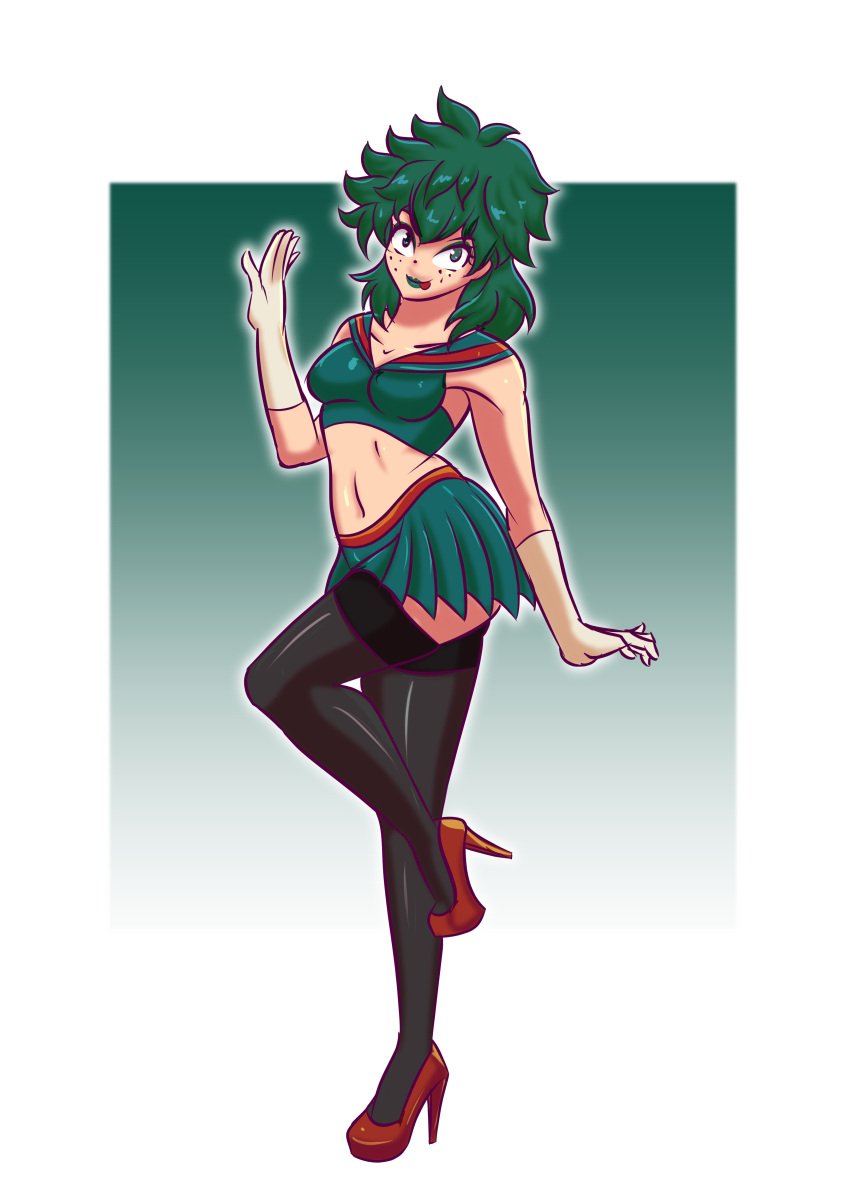 1girls cleavage female female_deku flechitas genderswap_(mtf) green_hair izuku_midoriya izuku_midoriya_(hero_outfit) kamui_(kill_la_kill) kill_la_kill medium_breasts medium_hair midoriya_izuku midoriya_izuku_(hero_outfit) miniskirt my_hero_academia rule_63 serafuku