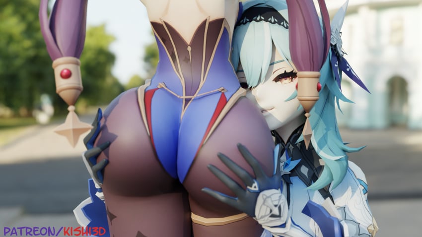 2girls 3d amber_eyes aqua_hair ass ass_focus ass_grab ass_worship big_ass blender clothed eula_(genshin_impact) female_face_near_ass genshin_impact huge_ass kishi leotard lesbian light-skinned_female mona_(genshin_impact) naughty_smile pale-skinned_female pantyhose smug standing twintails yuri