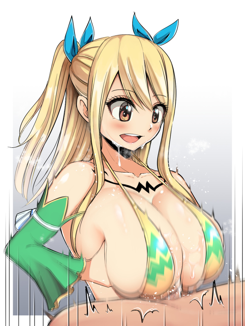 1boy bangs bikini blonde_hair blue_ribbon blush body_markings border bouncing_breasts breast_squeeze breasts breath brown_eyes cleavage commentary_request cum detached_sleeves eyebrows_visible_through_hair facial fairy_tail female hair_ribbon happy_facial highres large_breasts looking_at_another lucy_heartfilia motion_blur motion_lines open_mouth paizuri paizuri_under_clothes ribbon sakidesu sidelocks smile solo_focus straight strap_gap sweat swimsuit two_side_up upper_teeth wet white_border yellow_bikini