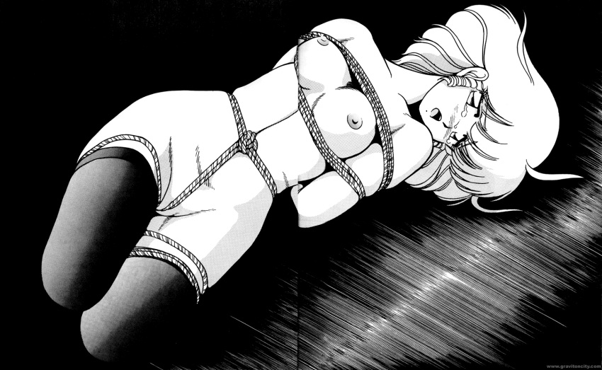 1980s 1989 1girls blush bondage breasts curvaceous female greyscale human katsuragi_maya large_breasts looking_at_viewer miss_ayumi monochrome nipples nude project_a-ko restrained rope short_hair solo straight_hair tagme teacher tears thighhighs