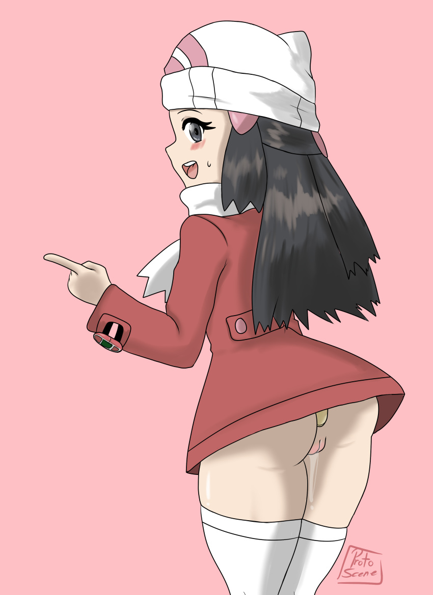 1girls absurdres anal anal_insertion anal_object_insertion artist_name ass beanie big_ass black_eyes black_hair blush bottomless buttplug clothes clothing coat dawn_(pokemon) dawn_(pokemon_platinum) eyelashes female female_only from_behind hair_ornament hairclip hand_up hat highres human long_hair long_sleeves looking_at_viewer looking_back no_panties object_insertion open_mouth pink_background poingint pokemon pokemon_dppt pokemon_platinum protoscene pussy pussy_juice pussy_juice_drip red_coat red_jacket scarf shiny shiny_hair shiny_skin signature simple_background smile solo standing sweat teeth text textless thick_thighs thighhighs tied_hair tongue uncensored watch watermark wet white_hat white_legwear white_scarf wide_hips winter_clothes