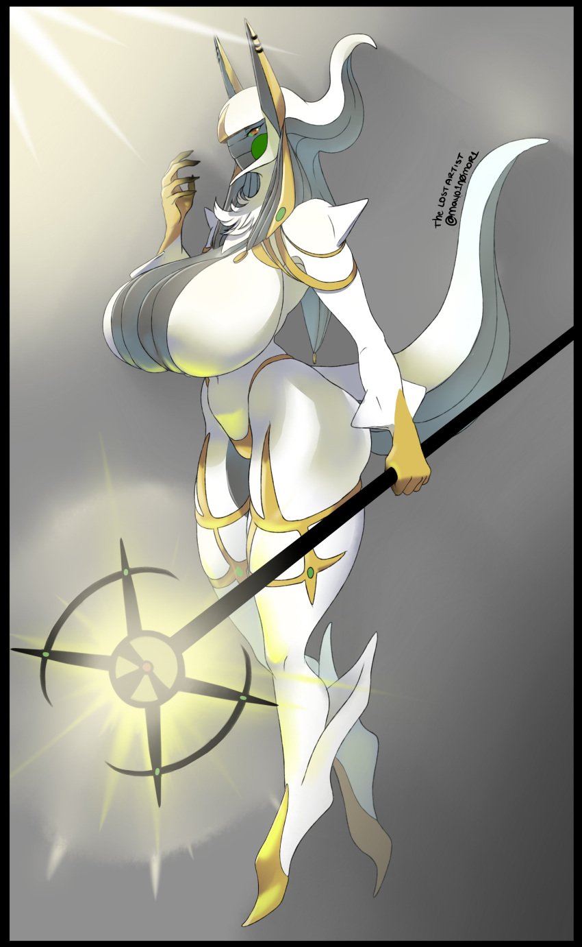 1girls absurd_res absurdres anthro anubis_(cosplay) arceus big_breasts breasts deity egyptian_mythology female female_only game_freak gen_4_pokemon generation_4_pokemon goddess gray_body high_res high_resolution highres legendary_pokémon mayo1nomor1 mythical_pokemon mythology nintendo pokémon_(species) pokemon pokemon_dppt red_eyes solo solo_female staff the_lost_artist video_game_character video_games white_body white_fur zacianswords