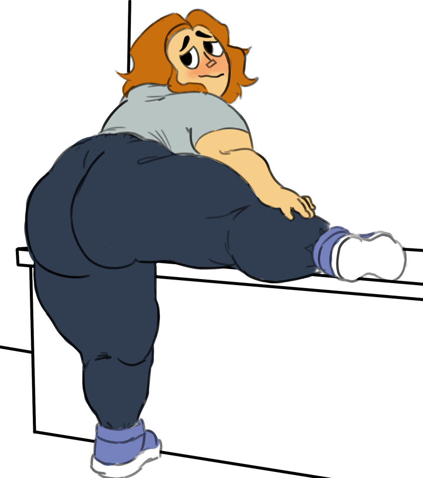 bbw bbw_mom big_ass big_thighs blush broznan chubby chubby_female judy_abbott_(twelve_forever) leg_up orange_hair overweight overweight_female solo_female sweatpants twelve_forever