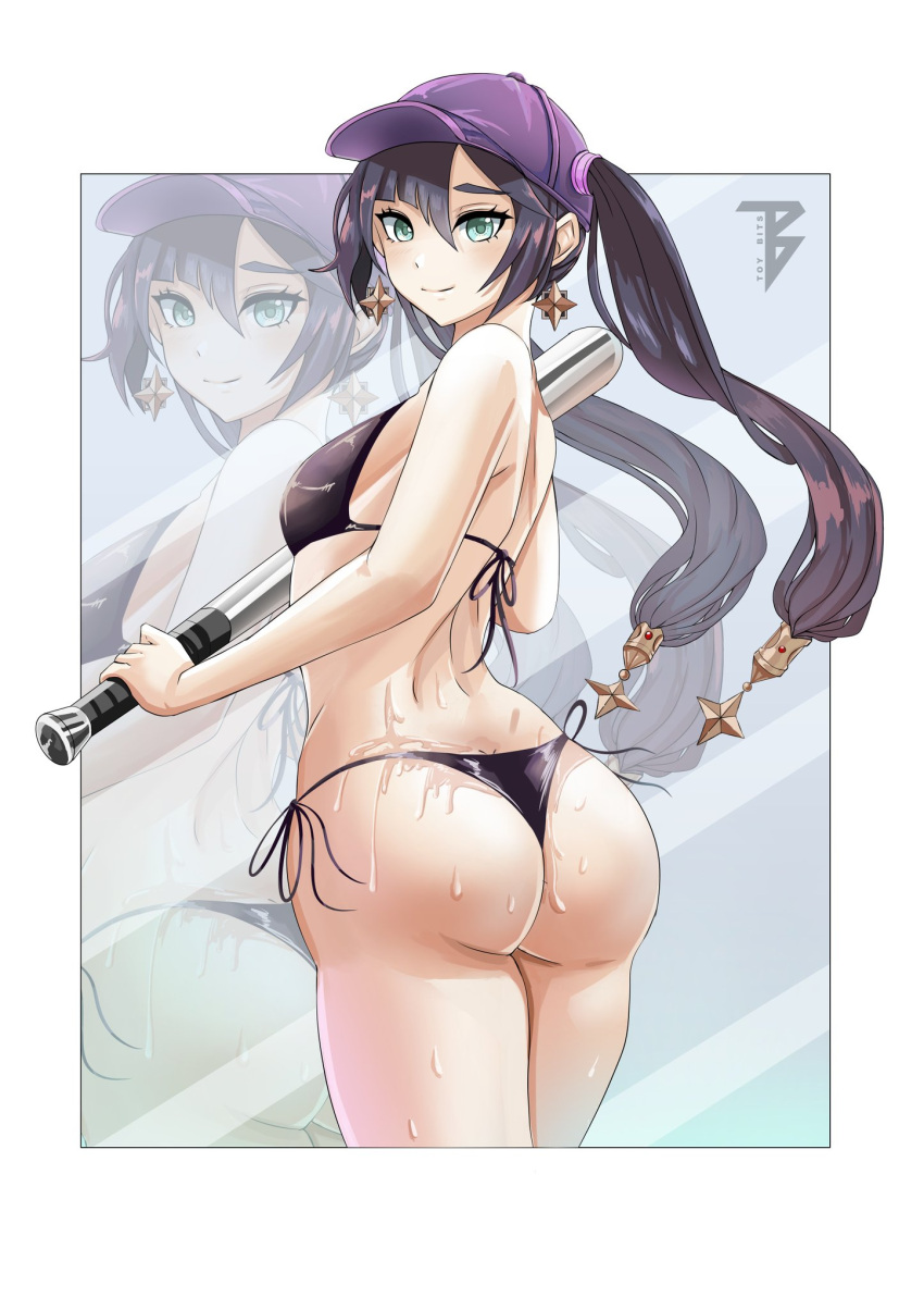 1girls ass back back_view bare_back baseball_bat baseball_cap big_ass big_butt bikini black_hair earrings fluids genshin_impact green_eyes hat large_ass long_hair looking_at_viewer looking_back mona_(genshin_impact) small_breasts smile solo teenage_girl teenager toy_bits twintails