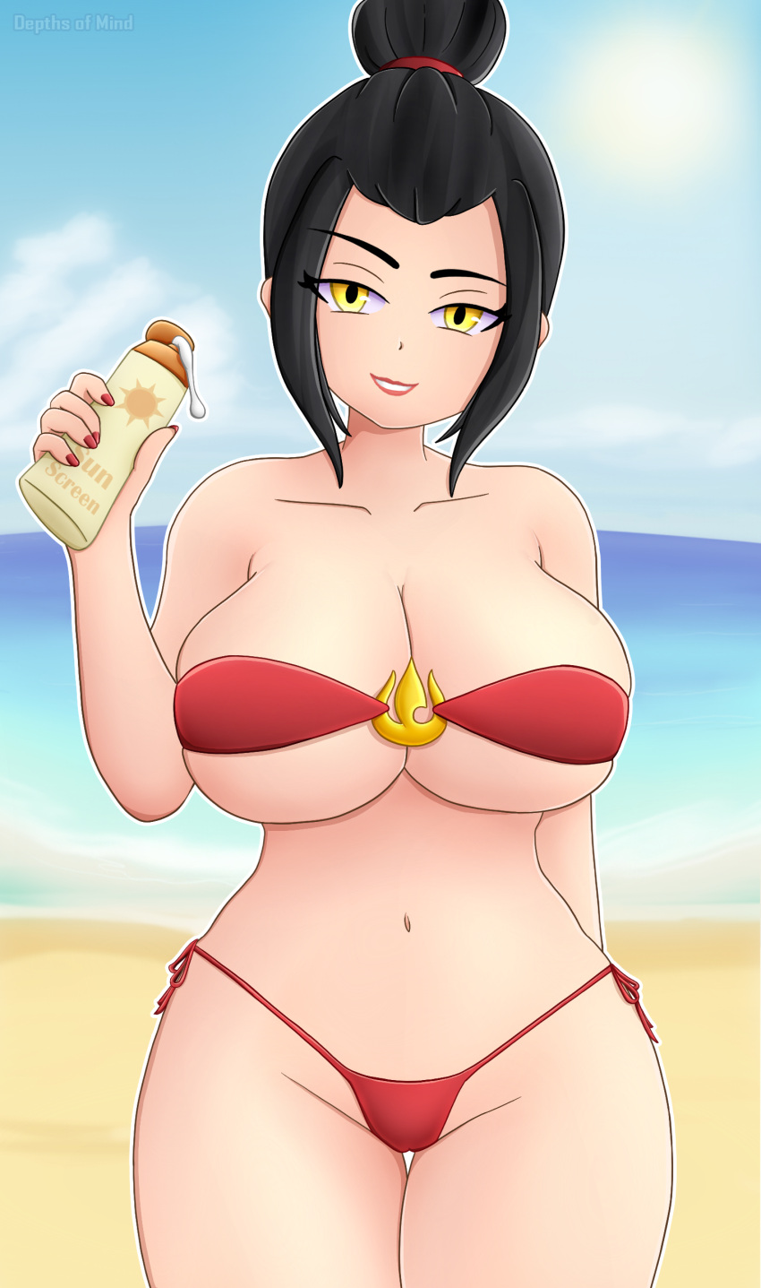 1girls alternate_breast_size avatar_the_last_airbender azula beach bikini black_hair breast_press breasts cleavage depthsofmind female female_only fire_nation front_view large_breasts lipstick looking_at_viewer nail_polish navel nickelodeon smile smiling swimsuit thick_thighs thighs yellow_eyes