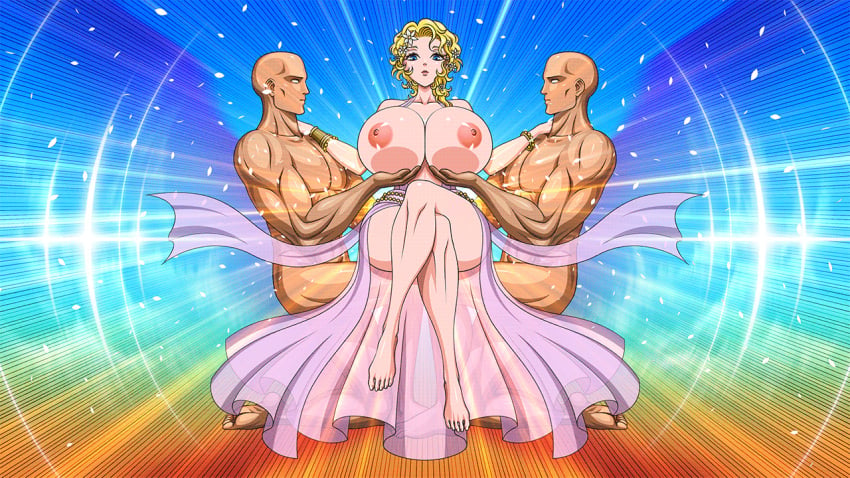 2boys akiranime animated animated_gif aphrodite_(shuumatsu_no_valkyrie) areolae bare_shoulders blinking blonde_female blonde_hair blue_eyes breast_grab breasts breasts_out breasts_out_of_dress bursting_breasts cleavage clothed_female_nude_male collarbone dark-skinned_male dark_skin dress erect_nipples feet female flower flower_on_head full_body glowing goddess gown grabbing greek_clothes greek_mythology hair_flower hair_ornament hands_on_another's_shoulders highres huge_areolae huge_breasts huge_nipples legs_crossed lights looking_at_viewer multicolored multiple_boys muscular muscular_male nude pink_clothes puffy_areolae puffy_nipples record_of_ragnarok see-through shiny shuumatsu_no_valkyrie sitting thick_thighs thighs toes wavy_hair