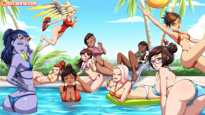 10girls 2d 2d_artwork 6+girls ashe_(overwatch) big_breasts black_hair blizzard_entertainment blonde_hair blue_hair blue_skin breasts brigitte brown_hair cameltoe cote_d'azur_widowmaker d.va eyewear female_only glasses looking_at_viewer mei_(overwatch) mercy multiple_girls overwatch pharah pool poolside_ashe questionable reit sombra sunglasses swimsuit symmetra take_your_pick tinted_eyewear tracer visor widowmaker