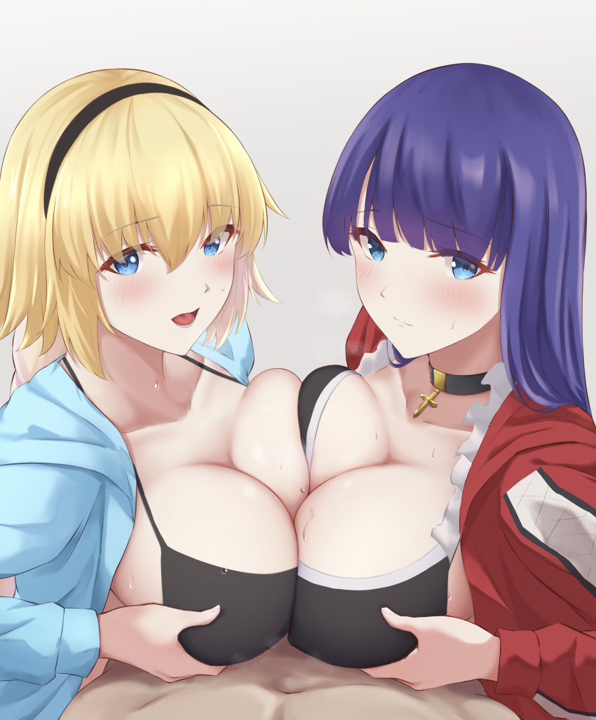 2girls 3some absurdres bangs bikini black_bikini blonde_hair blue_eyes blue_jacket blunt_bangs blush boobjob braid braided_ponytail breast_squeeze breasts choker cleavage collarbone cross_choker double_paizuri fate/grand_order fate_(series) ffm_threesome hairband highres hood hooded_jacket jacket jeanne_d'arc_(fate) jeanne_d'arc_(swimsuit_archer) jeanne_d'arc_(swimsuit_archer)_(fate) large_breasts long_hair long_sleeves looking_at_viewer multiple_girls multiple_paizuri okuma707 open_clothes open_jacket open_mouth paizuri purple_hair red_jacket saint_martha saint_martha_(swimsuit_ruler) smile straight swimsuit threesome very_long_hair