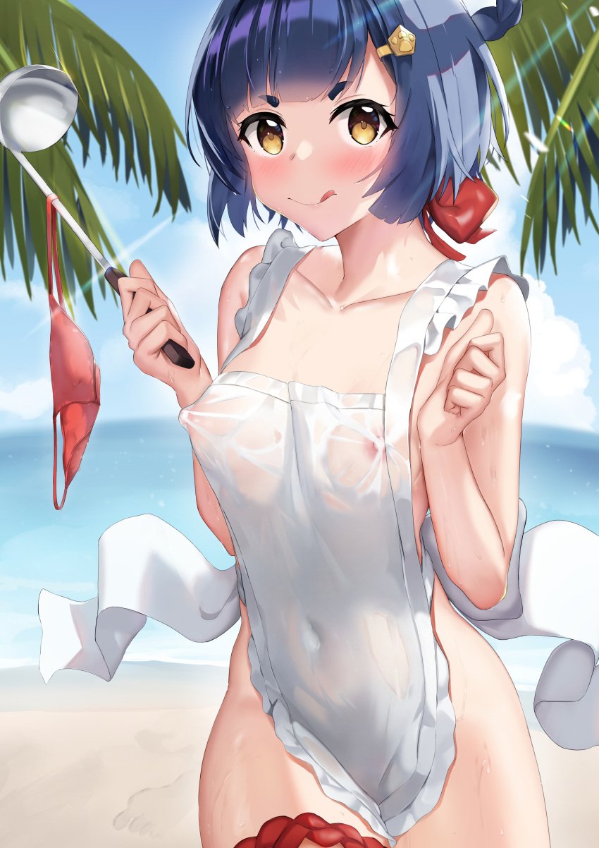 :q absurdres apron bangs bare_arms bare_shoulders beach blue_hair blush bow breasts closed_mouth collarbone covered_navel day erect_nipples erection_under_clothes female frilled_apron frills genshin_impact hair hair_ornament hairbow hairclip hands_up highres holding ladle looking_at_viewer naked_apron nipples no_bra ocean outdoors panties panties_removed red_bow red_panties see-through short_hair skai_kun small_breasts smile solo thigh_strap tongue tongue_out underwear water wet_apron white_apron xiangling_(genshin_impact) yellow_eyes