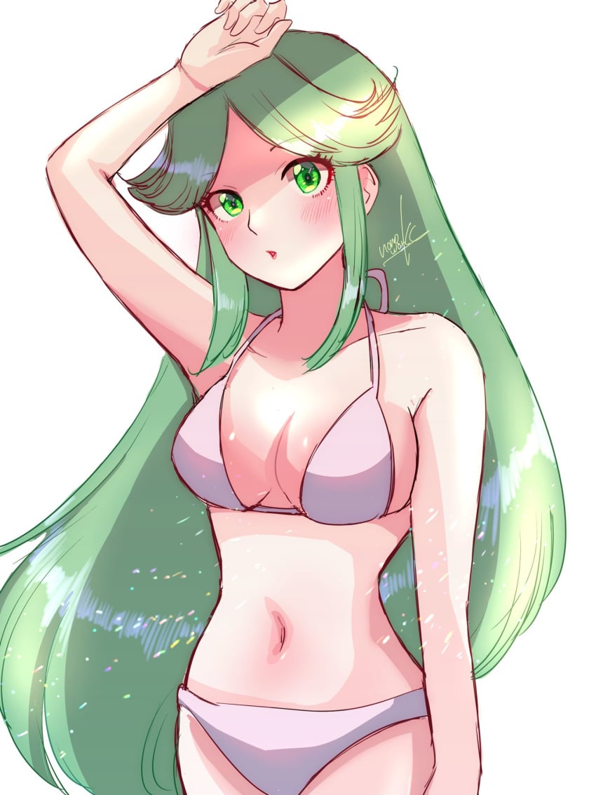 1girls bare_shoulders belly belly_button big_breasts bikini blush breasts cleavage clothed clothes clothing eyebrows_visible_through_hair female female_only green_eyes green_hair human human_only humanoid kid_icarus light-skinned_female light_skin lips lipstick long_hair looking_at_viewer navel nintendo nonoworks palutena solo solo_female swimsuit thick thick_hips thick_thighs very_long_hair wide_hips