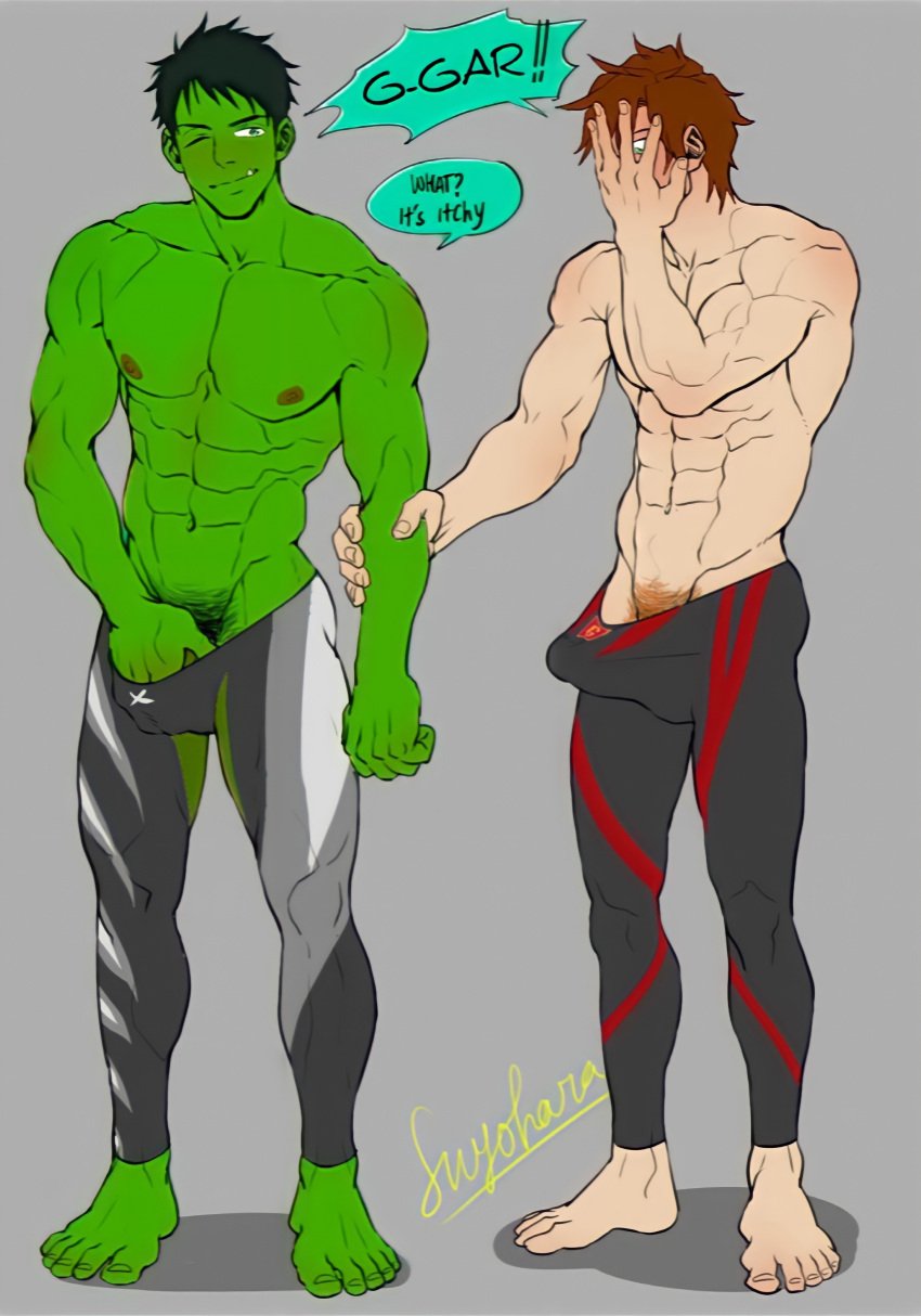 2boys abs barefoot bart_allen beast_boy biceps big_chest big_penis blush boner bulge bulge_through_clothing calves chest covering_face dc edit embarrassed erection flaccid garfield_logan gay grabbing_arm grabbing_penis hard_nipples hiding_face holding_penis holding_testicles humiliation implied_sex impulse itching jackscumdump male male_only masculine muscular nipples pecs pubic_hair scratch scratching smirk smirking speedo suyohara swimsuit swimwear toned_male triceps winking yaoi young_justice