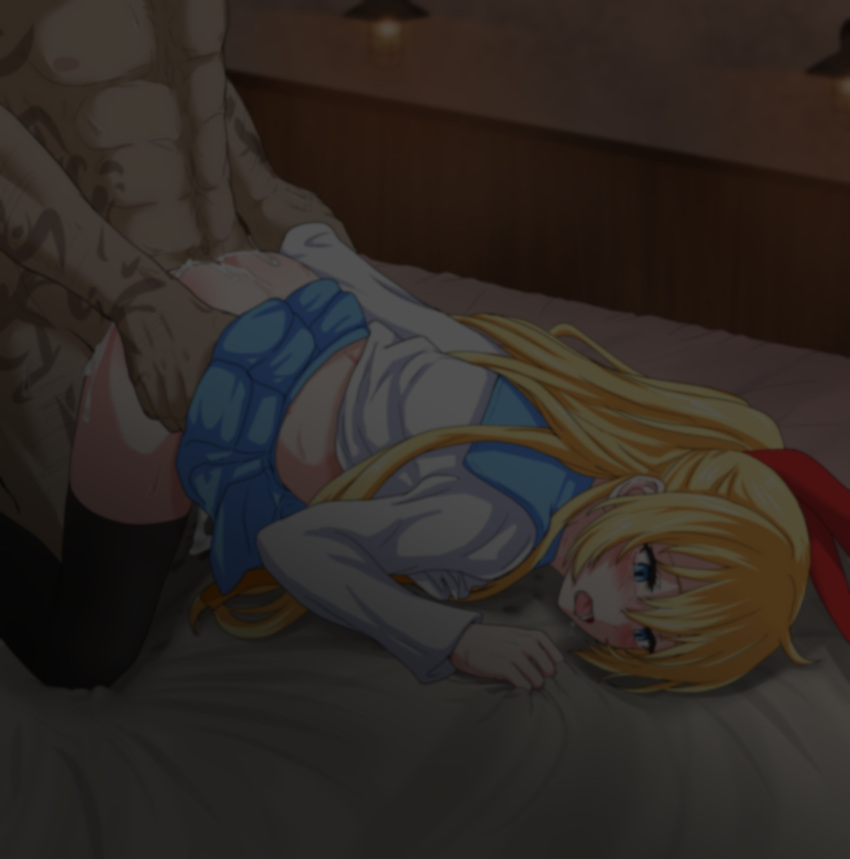 1boy ass blonde_hair blue_eyes blue_sailor_collar blue_skirt bow clothed_female_nude_male clothes_lift cum cum_in_pussy cum_on_ass cumdrip defloration feet_out_of_frame female from_side hairbow head_out_of_frame highres kirisaki_chitoge long_hair midriff minobey night nisekoi nude pleated_skirt rape red_bow sailor_collar school_uniform serafuku sex sheet_grab shirt skirt skirt_lift straight tattoo thighhighs tongue tongue_out white_shirt