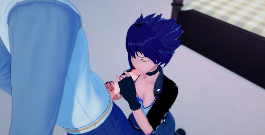 3d artist_request bedroom black_gloves black_jacket blue_jeans closed_eyes fellatio gloves hand_on_penis hands_on_penis jeans koikatsu konoko on_knees oni_(game) purple_hair sitting unseen_male_face