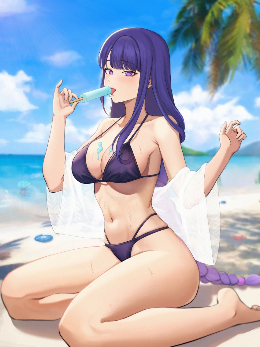 1girls bare_legs barefoot big_breasts bikini blush braid breasts cleavage curvaceous curvy feet female female_only genshin_impact hi_res large_breasts legs licking melting_popsicle mole mole_under_eye popsicle purple_eyes purple_hair raiden_shogun sp123 sweat swimsuit thick_thighs thighs tongue tongue_out