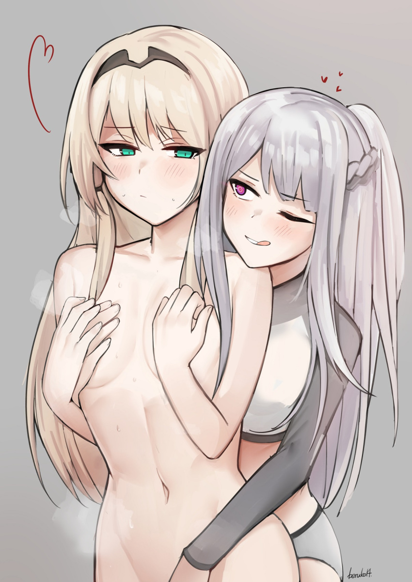 2girls ;q ak-12_(girls'_frontline) an-94_(girls'_frontline) artificial_eye beruko14 blonde_hair blush braid breasts clothed_female_nude_female collarbone covering covering_breasts eyebrows_visible_through_hair french_braid girls'_frontline green_eyes hairband hand_on_another's_hand highres implied_fingering long_hair long_sleeves looking_at_another mechanical_eye multiple_girls navel nude one_eye_closed out-of-frame_censoring ponytail purple_eyes signature silver_hair small_breasts sweat swimsuit teeth tongue tongue_out yuri