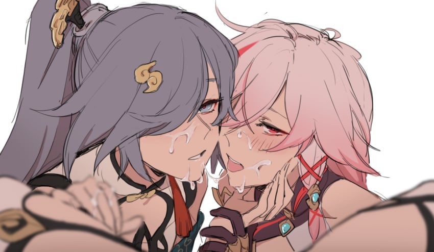 3girls after_cunnilingus blush female_pov fu_hua fu_hua_(azure_empyrea) fu_hua_(phoenix) grey_eyes grey_hair hair_between_eyes hair_ornament hair_over_one_eye honkai_(series) honkai_impact_3rd light-skinned_female long_hair looking_at_viewer maiqo multicolored_hair multiple_girls pink_hair ponytail pov pussy_juice pussy_juice_on_face raiden_mei red_eyes red_hair simple_background spread_legs streaked_hair tagme threesome tongue tongue_out white_background yuri