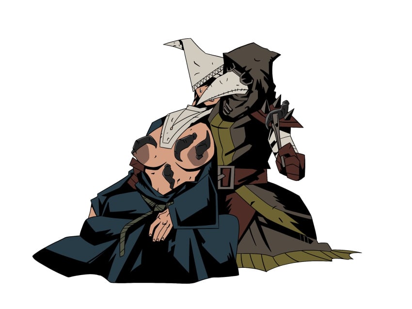 2girls blush breasts darkest_dungeon dress female hat large_breasts leech mask multiple_girls nsfwvolo open_clothes plague_doctor plague_doctor_(darkest_dungeon) sanitarium_(darkest_dungeon) sweat tagme yuri