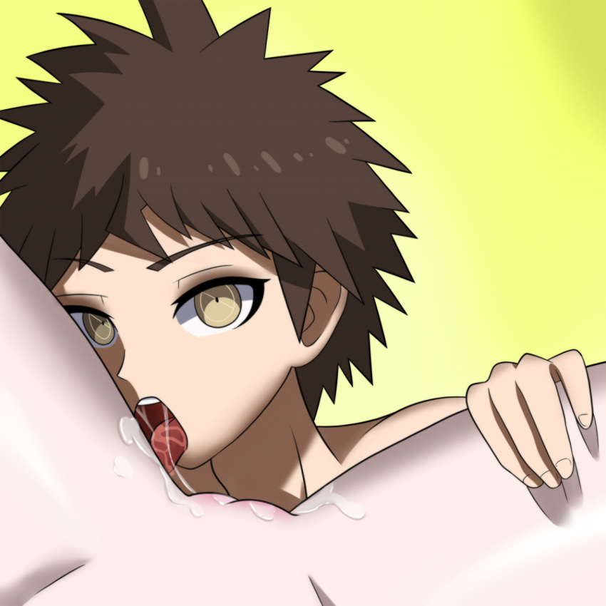 1boy brown_hair danganronpa female_pov hand_on_leg hinata_hajime licking licking_pussy looking_at_viewer open_mouth pussy saliva saliva_trail showers-u simple_background spiky_hair straight_hair