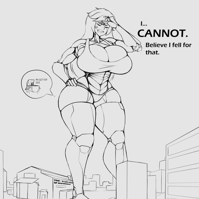 angela_(magnaprospekt) big_breasts cleavage english_text giantess gynoid huge_breasts implied_growth lapotato8 monochrome thick thick_thighs voluptuous wide_hips