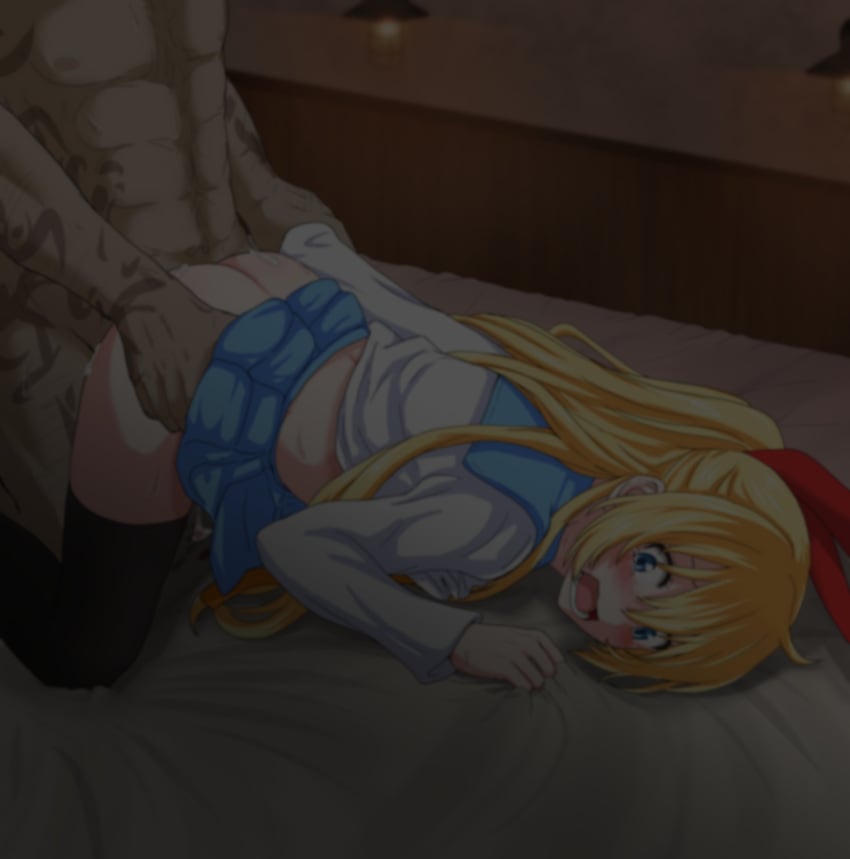 1boy ass black_legwear blonde_hair blood blue_eyes blue_skirt blush bow clothed_female_nude_male clothes_lift cum cumdrip defloration doggy_style feet_out_of_frame female from_side hair_between_eyes hairbow head_out_of_frame highres kirisaki_chitoge long_hair midriff minobey night nisekoi nude pleated_skirt rape red_bow sailor_collar school_uniform serafuku sex sex_from_behind sheet_grab shirt skirt skirt_lift straight tattoo thighhighs thighs trembling white_shirt wide-eyed