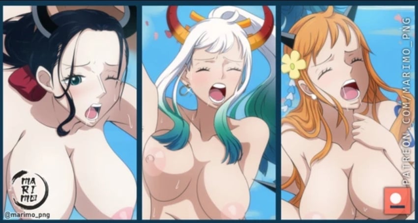 3girls beast_pirates beast_pirates_(cosplay) female female_only hoop_earrings horns marimo_png multiple_girls nami nico_robin one_piece post-timeskip yamato_(one_piece)