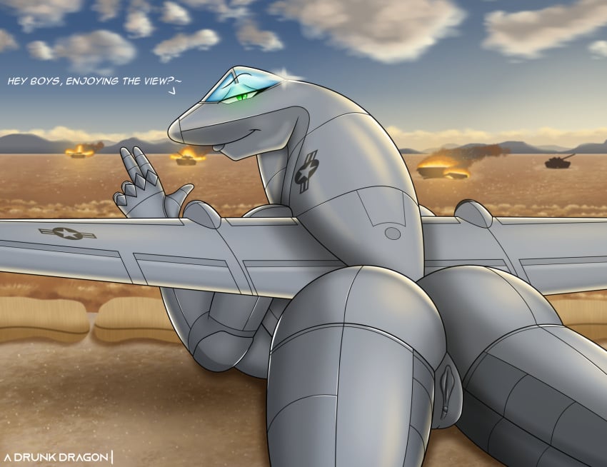 1girls a-10 a_drunk_dragon aeromorph aircraft anthro ariana_skye_(adrunkdragon) ass big_ass breasts female female_only green_eyes huge_breasts living_aircraft living_machine looking_at_viewer looking_back nude pussy solo tank thick_thighs underboob