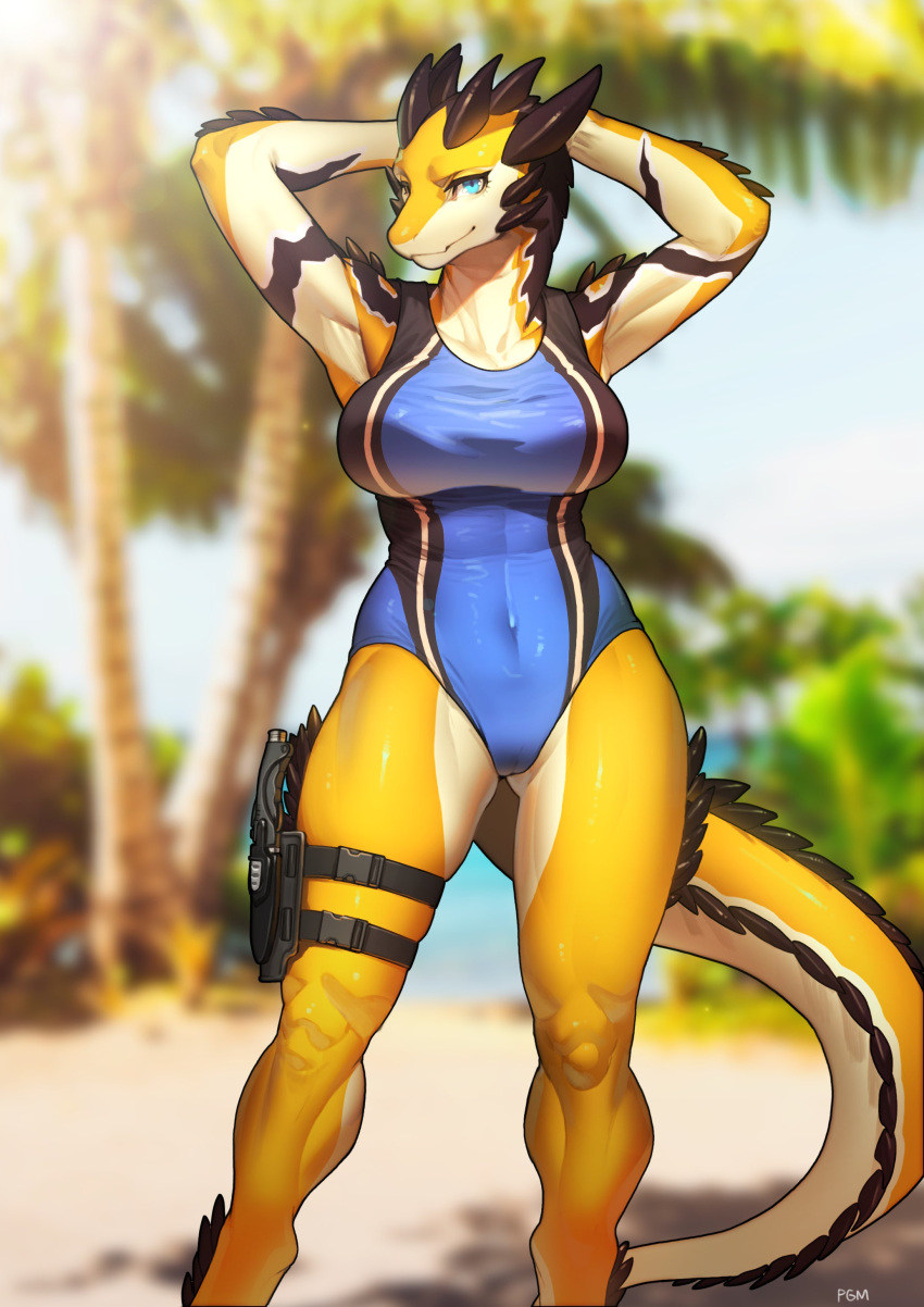 1girls anthro armpits arms_behind_head beach blue_eyes blurry_background countershading dragon dragon_girl dragon_horns dragon_tail female female_only horns knife looking_at_viewer pgm300 scalie scalie_fetish schewiener smiling smiling_at_viewer solo solo_female swimsuit tail toned toned_female very_high_resolution yellow_body