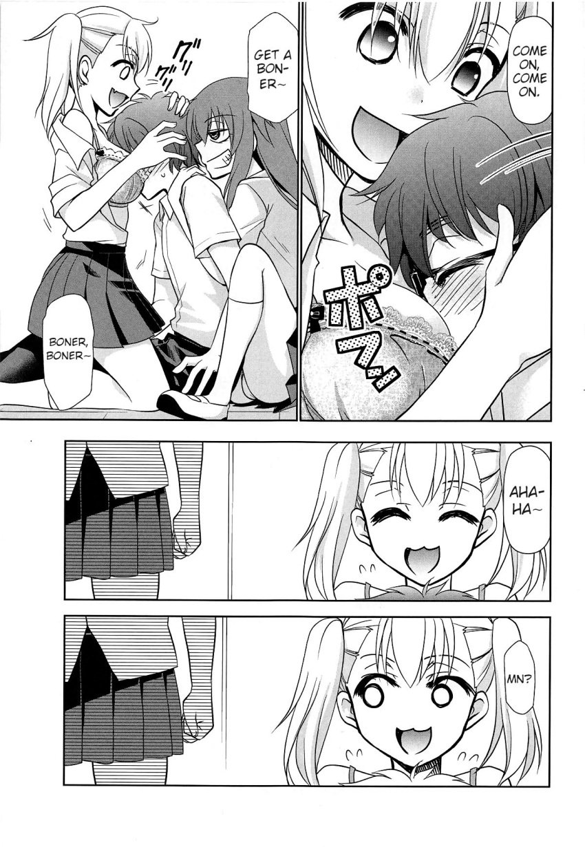 1boy 3girls big_breasts blonde_hair blush bra breasts cleavage closed_eyes clothed clothing comic english_text forced gamo-chan glasses hayase_nagatoro hi_res imminent_rape kimigabuchi long_hair medium_hair monochrome naoto_hachioji_(senpai) open_mouth please_don't_bully_me,_nagatoro revealing_clothes short_hair simple_background sitting text white_background yoshi_(nagatoro)