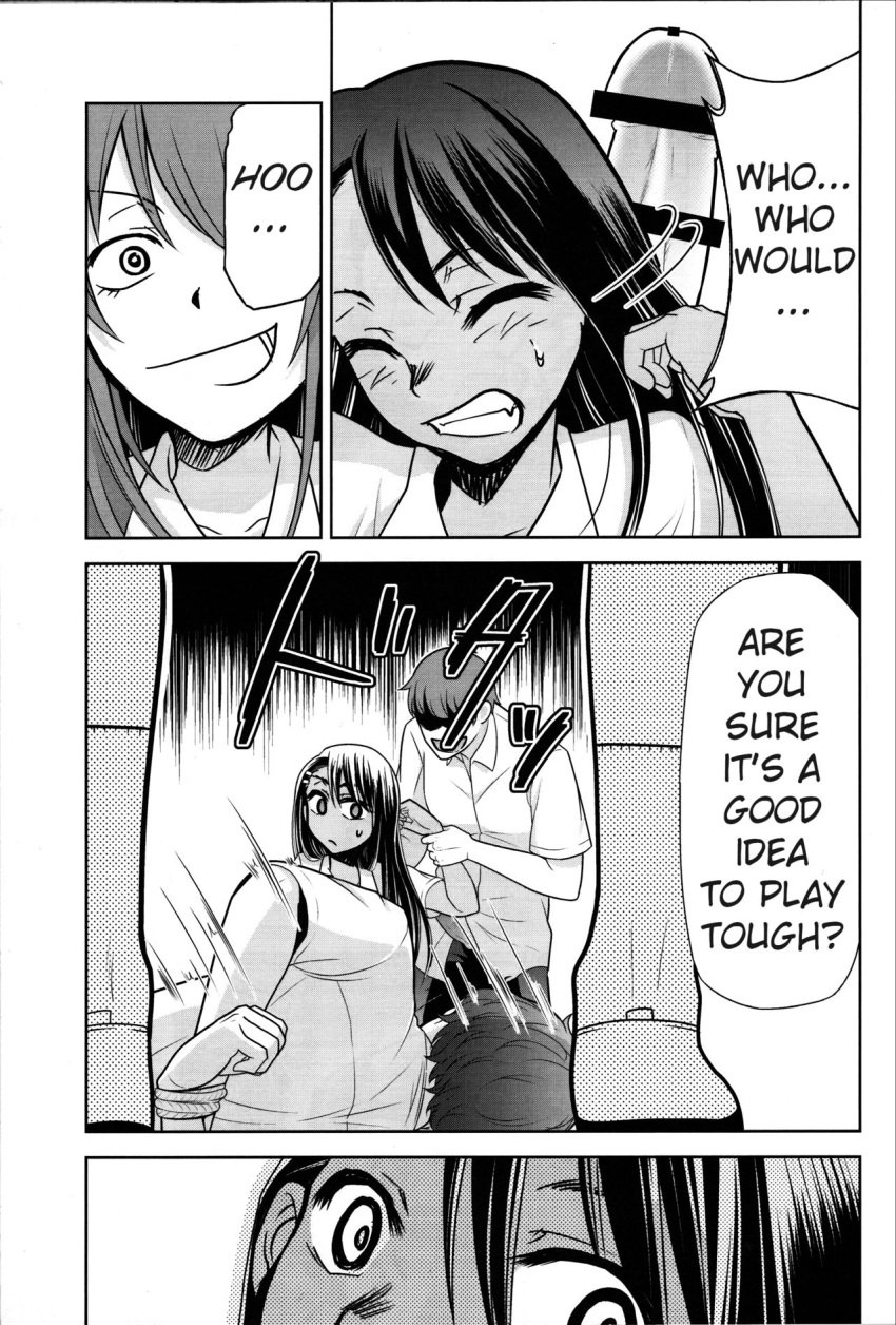 2boys 3girls big_penis black_hair bound censor_bar closed_eyes clothed clothing comic english_text erection gamo-chan hayase_nagatoro hi_res imminent_rape kimigabuchi long_hair monochrome naoto_hachioji_(senpai) penis please_don't_bully_me,_nagatoro rope short_hair simple_background text white_background