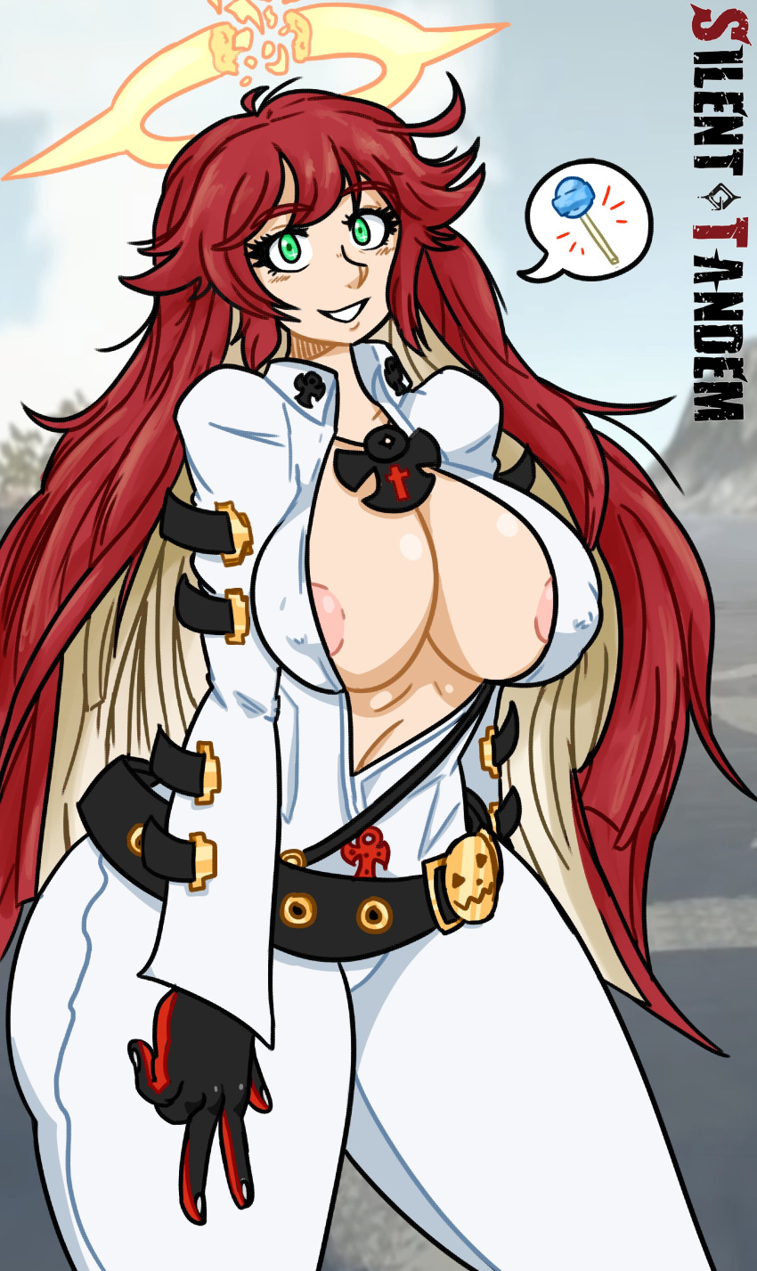 big_breasts exposed_breasts green_hair guilty_gear jack-o'_valentine jack-o_(guilty_gear) lollipop red_hair silenttandem