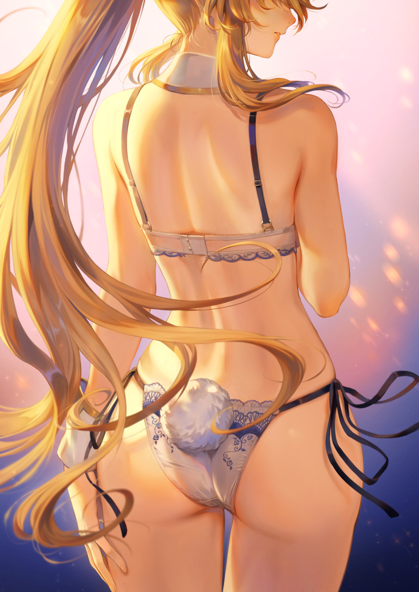 artoria_pendragon artoria_pendragon_(lancer) artoria_pendragon_(swimsuit_ruler) ass bare_back blonde_hair bra bubble_ass bubble_butt bunny_ears bunny_tail collar cowboy_shot cuffs curvy dat_ass facing_away fate/grand_order fate_(series) female_ass gold_hair hand_on_hip hourglass_figure imminent_sex lingerie long_hair looking_back mashu_003 panties parted_lips pose rear_view seductive side-tie_bikini side-tie_panties standing thighs toned toned_female type-moon white_bra white_lingerie white_panties white_wrist_cuffs wrist_cuffs