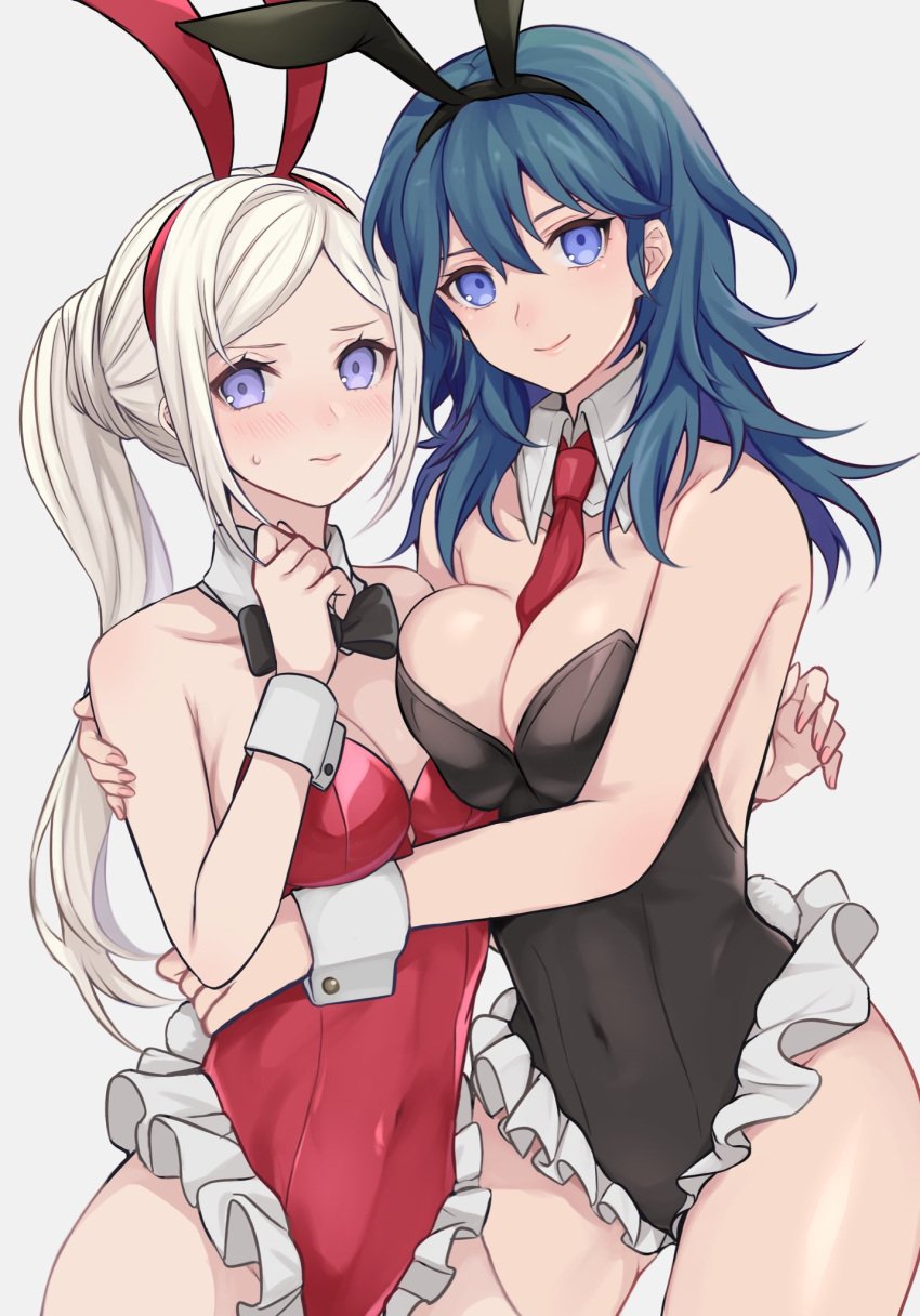 2girls akn_646 alternate_costume blue_eyes blue_hair breasts bunny_ears bunny_girl bunnysuit byleth_(fire_emblem) byleth_(fire_emblem)_(female) cleavage clothed clothing edelgard_von_hresvelg embarrassed female female_only fire_emblem fire_emblem:_three_houses hug large_breasts light-skinned_female light_skin lipstick looking_at_viewer medium_breasts medium_hair nintendo ponytail shimizu_akina side_ponytail teal_hair tie white_background white_hair