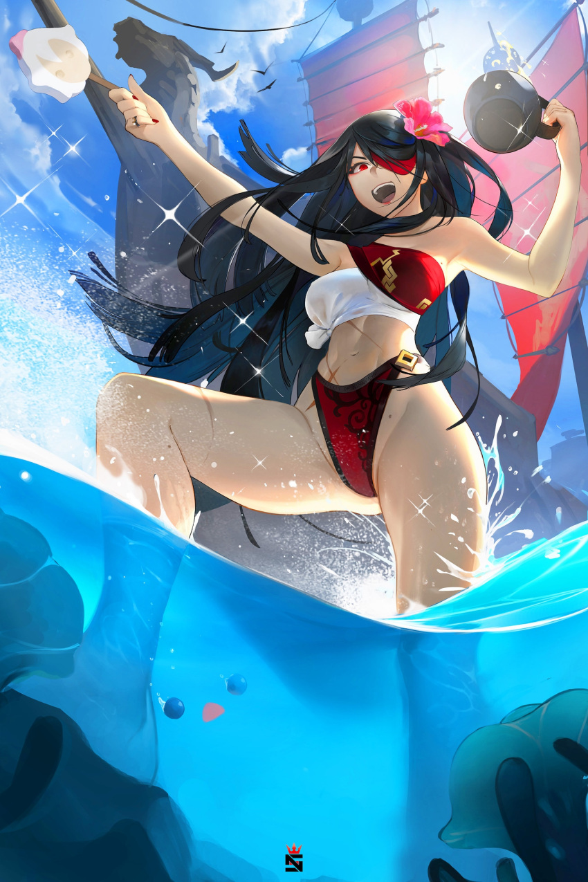 1girls armpits bare_legs bare_shoulders beidou_(genshin_impact) black_hair covered_breasts eye_patch flower food from_below full_body genshin_impact hair_flower hair_ornament hair_over_one_eye holding_object long_hair looking_at_viewer medium_breasts mole navel nikusenpai open_mouth partially_submerged popsicle posing red_eyes red_swimsuit scar standing swimsuit water