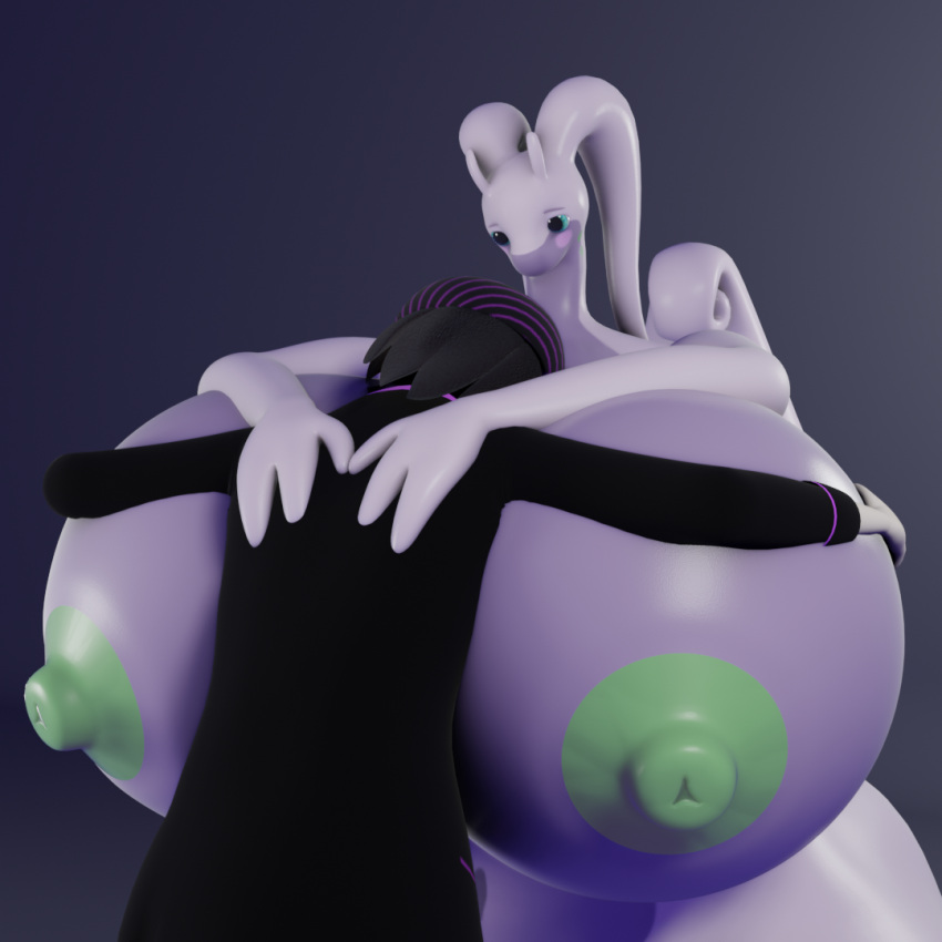 1:1 3d_(artwork) anthro big_breasts black_clothing blender_(software) breasts clothing cuddling darkdraketom digital_media_(artwork) duo face_in_breasts female goodra green_eyes green_nipples hand_on_breast hands_on_back huge_breasts human hyper hyper_breasts larger_female male mammal multicolored_body nintendo nipples pokémon_(species) pokémon_trainer pokemon pokemon_(species) purple_body simple_background size_difference smaller_male two_tone_body video_games